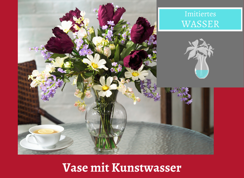Glas Vase mit Kunstwasser und Kunstblumenstrauß Tulpen...
