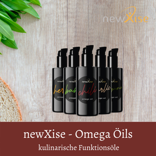 newXise kulinarische Funktionsöle Omega Öils in 5 Sorten in schwarzen Gläsern auf Esstisch