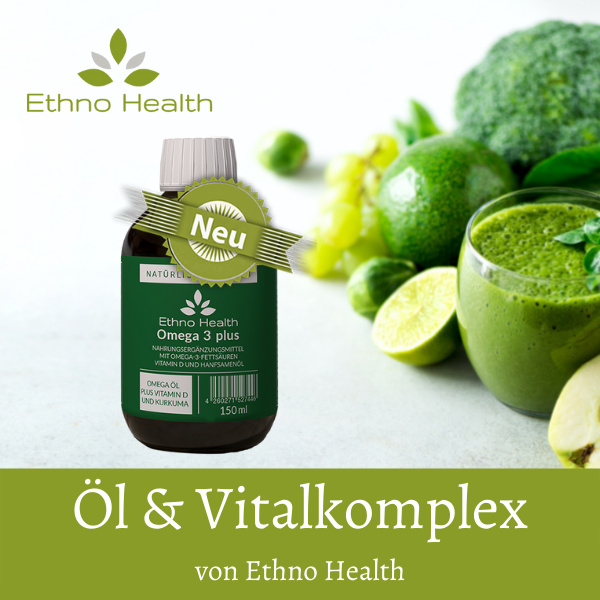 Vitalkomplex öl von Ethno Healt in grüner Flasche omega 3 plus