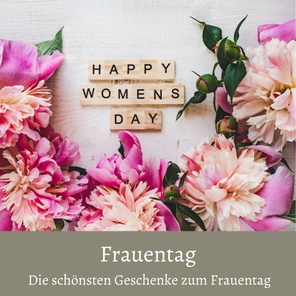 Happy Womens Day Holzsteine und Kunstblumen als Geschenk zum Frauentag am 8. März