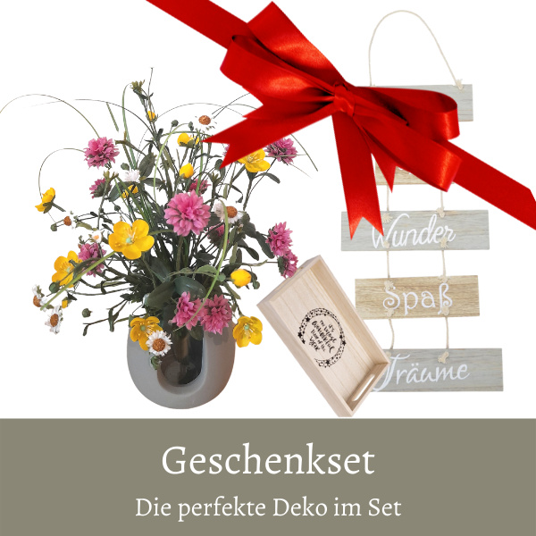 Geschenkset zur Silberhochzeit künstlicher Wiesenblumenstrauß im onlineshop kaufen
