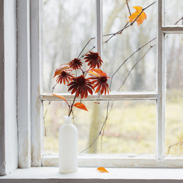 künstliche Blumen Sonnenhut orange in Keramikvase für eine traumhafte Deko im Herbst