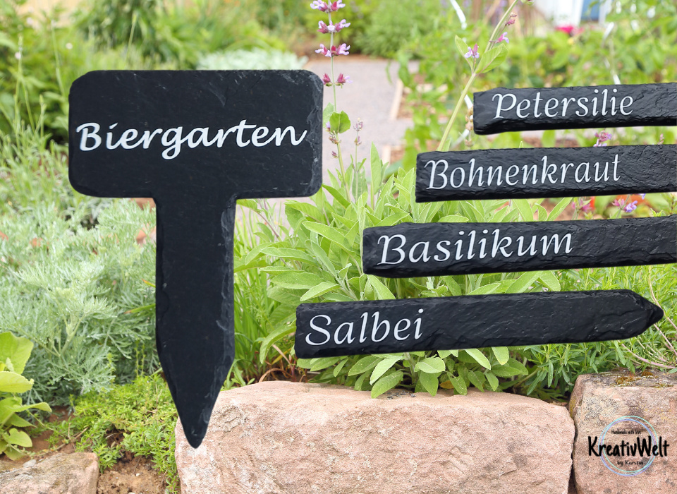 Kräutergarten mit schiefer Kräuterschildern Salbei Petersilie und Biergarten Schild bei dekotreff kaufen