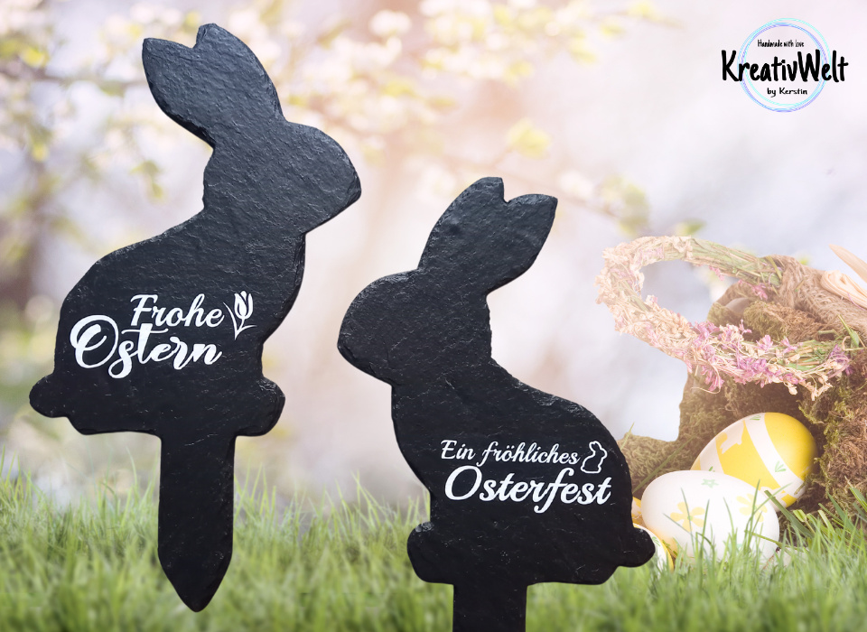 Schiefertafeldeko zu Ostern Schieferhasen mit Schriftzug Frohe Ostern aus dem dekotreff onlineshop