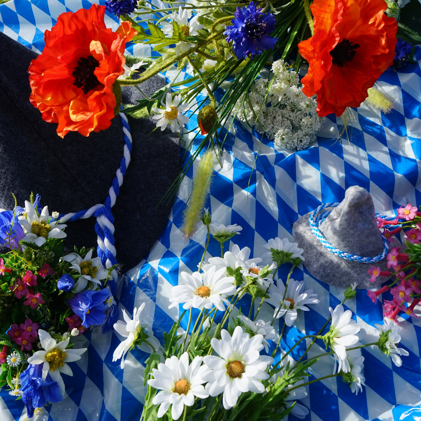 O zapft is Oktoberfest deko auf Blau Weißer Decke mit künstlichen Margeriten und Alpenblumen