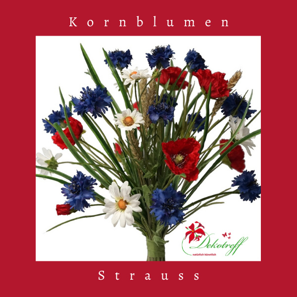 künstlicher Feldblumenstrauß mit Kornblumen blau Mohnblumen rot und Wiesengräser