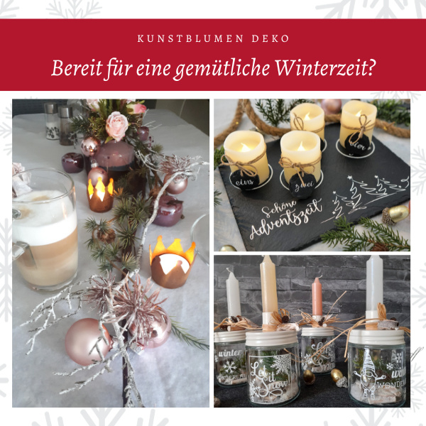 Kunstblumen Deko für gemütliche Weihnachten und Winterzeit Kerzengläser mit Sprüchen von dekotreff onlineshop