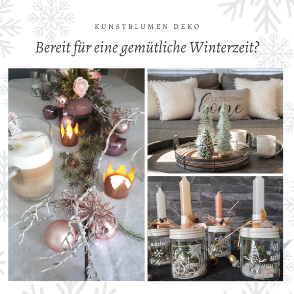 Kunstblumen Deko für gemütliche Weihnachten und Winterzeit Kerzengläser mit Sprüchen von dekotreff onlineshop