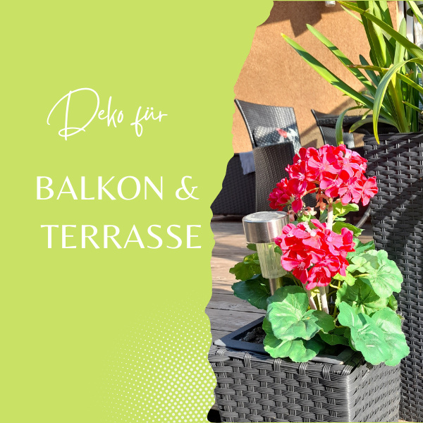 Kunstpflanzen Deko für Balkon und Terrasse dazu Windlicht mit Spruch im Dekotreff Onlineshop kaufen
