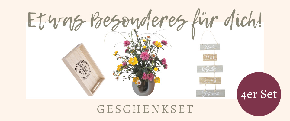 Geschenkset künstlichen Wiesenblumenstrauß mit künstlichen Butterblumen in Keramikvase grau und Holzschild mit Spruch