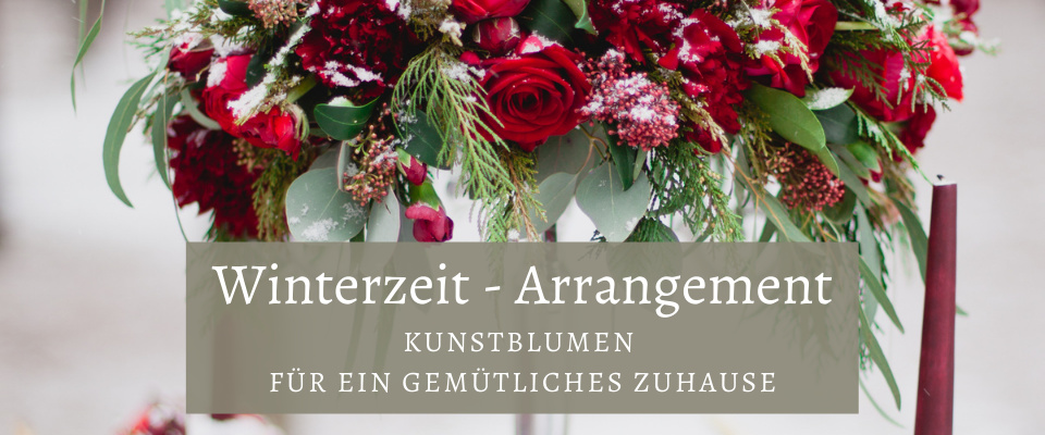 Winter Kunstblumen Gesteck und Blumenstrauß mit Rosen rot...