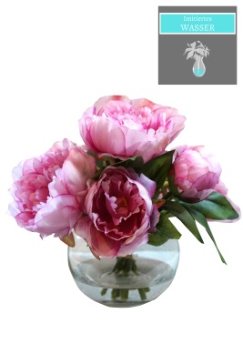 Vase mit Kunstwasser & Kunstblumenstrauß - imitiertes Wasser H 25cm rosa
