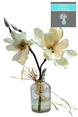 Vase mit Kunstwasser - imitiertes Wasser H 30cm Magnolien weiß