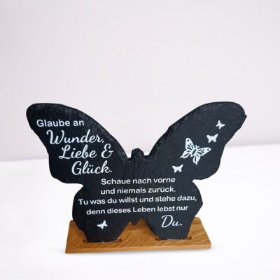 Schieferplatte Schmetterling mit Spruch - Wunder Liebe Glück