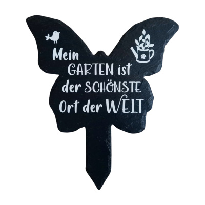 Schiefer Gartenstecker Schmetterling mit Spruch "Mein GARTEN ist der SCHÖNSTE Ort der WELT"