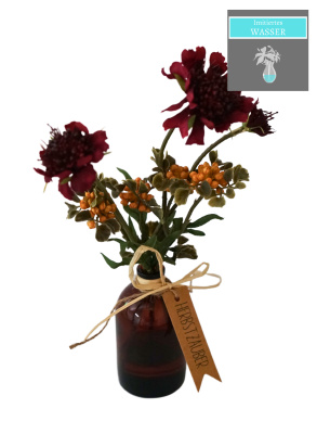 Kunstblumen Herbst Vase mit Kunstwasser - Schokoladenblumen H 20cm